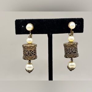 Vintage Filigree Metal Cage W/pearl Bead Drop Dangle Screw Back Earrings